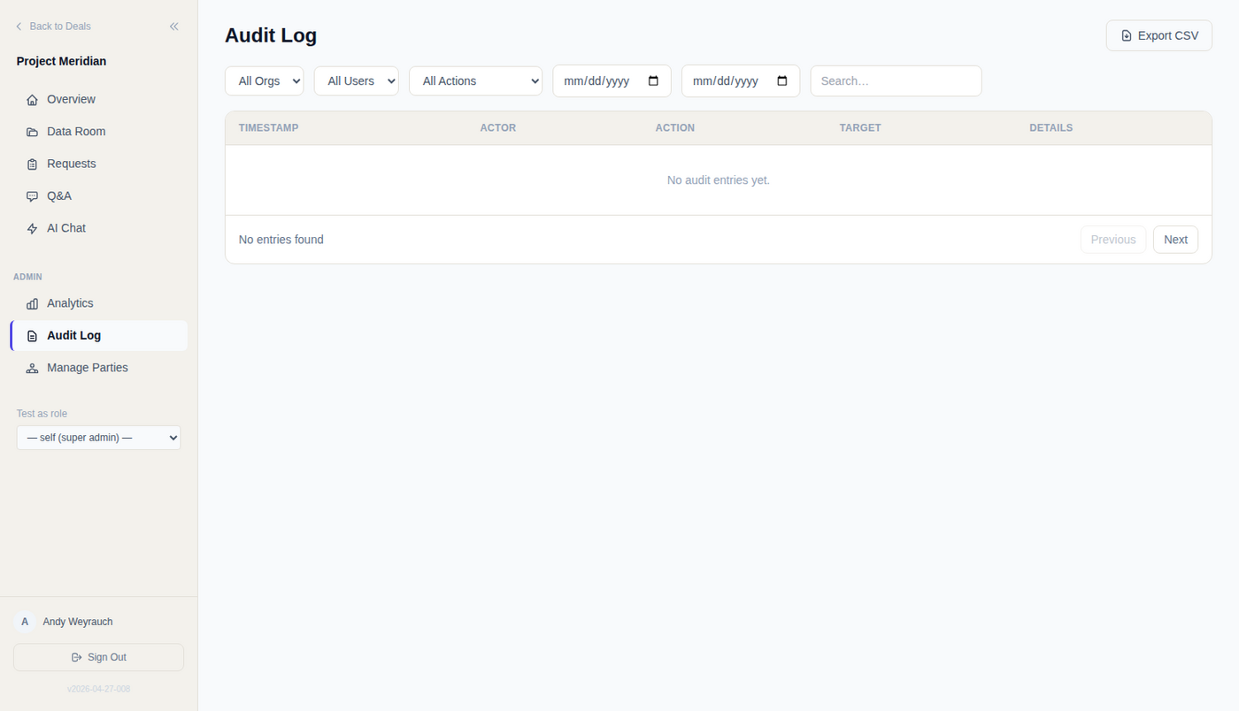 The audit log, filterable by action, actor and date range and exportable as CSV.