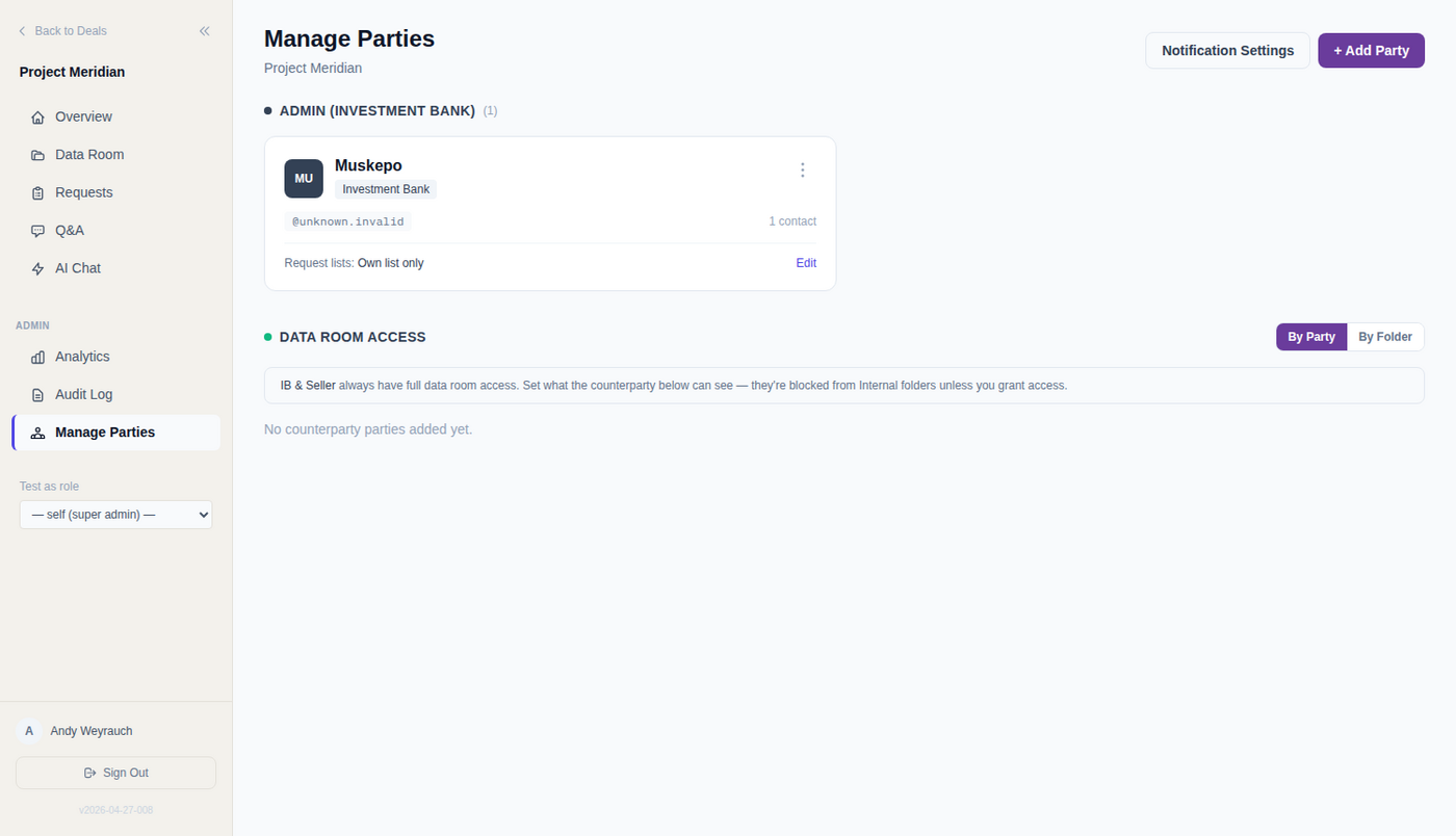 Folder access for each party is granted per organisation and per user from the deal's parties screen.
